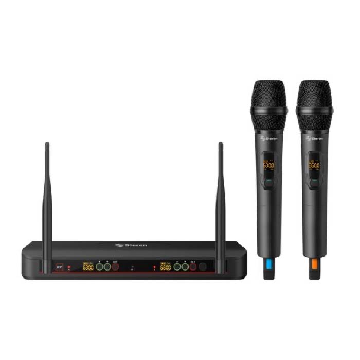 Sistema de 2 micrófonos inalámbricos UHF con selector automático de frecuencia y batería recargable