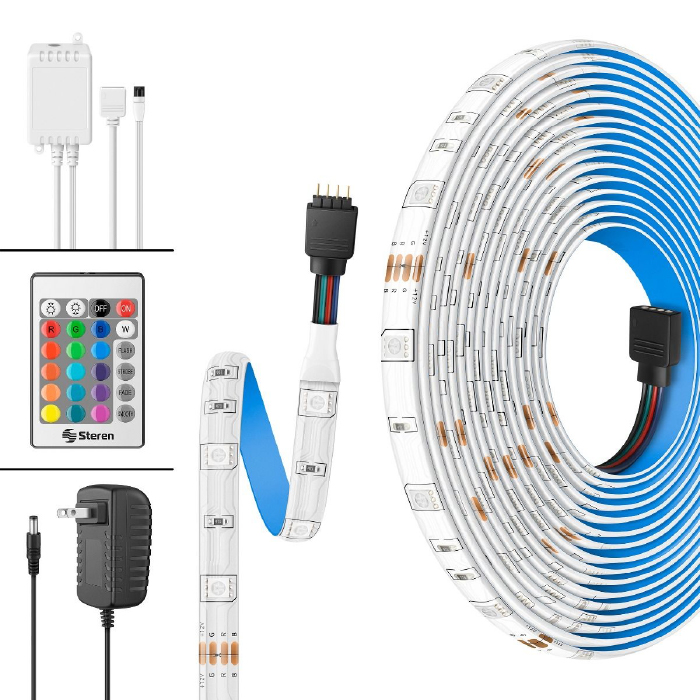 KIT TIRA LED RGB MULTICOLOR CON CONTROL REMOTO, CONTROLADOR Y ELIMADOR PARA INTERIORES 5M